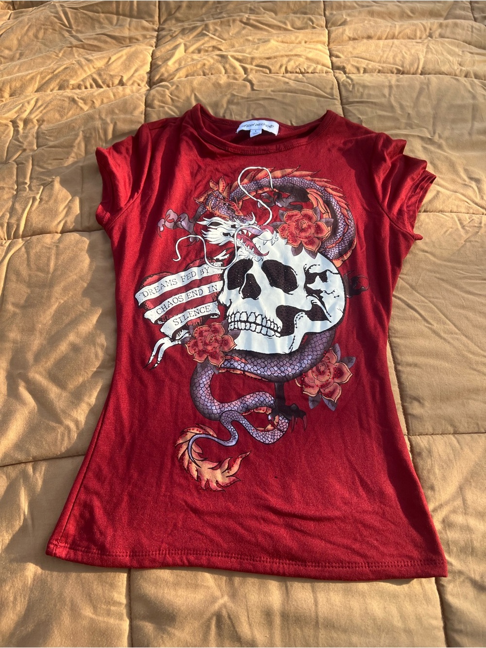 Y2K Urban Weekend Red Shrunken Tattoo Aesthetic Skull Rhinestone Graphic Baby T